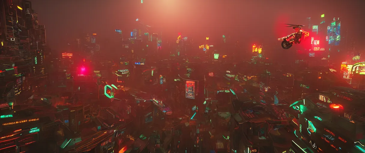 Prompt: an android thief on a motorcycle making a getaway from a helicopter in a glowing neon cyberpunk city at dawn, unreal engine, cinematic atmosphere, establishing shot viewed from above