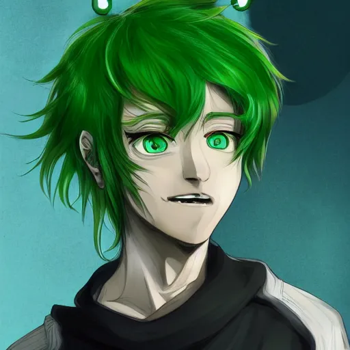 Image similar to portrait of a man with green hair, with eyes that look like a clock, anime style, trending on artstation