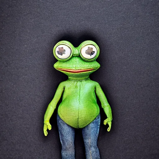 Image similar to perfectly accurate miniature figure of pepe the frog wearing jeans and a black leather jacket, soft textures, skin texture, clothing, 3d sculpture, textured, fine detail, lifelike, photo, high resolution, octane render, post processing, after effects, trending on artstation