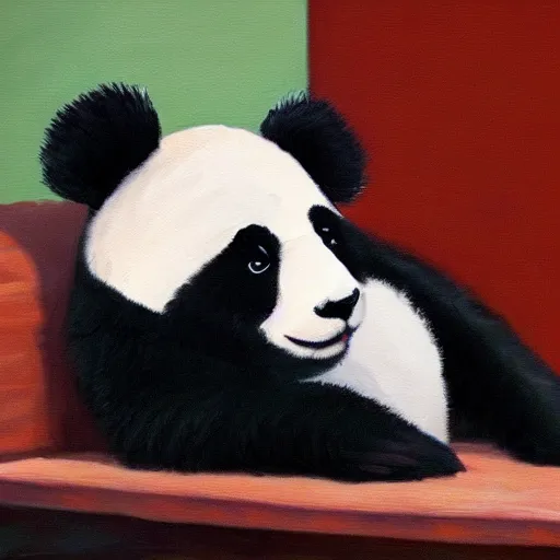 Prompt: oil painting of a sad panda that sits on a flat bench alone and sad with gym pants