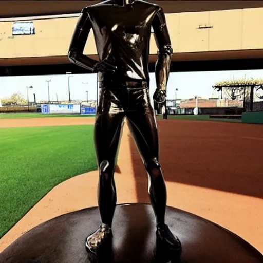 Image similar to “a realistic detailed photo of a guy who is an attractive humanoid who is half robot and half humanoid, who is a male android, baseball player Mike Trout, shiny skin, posing like a statue, blank stare, on the baseball field, on display”