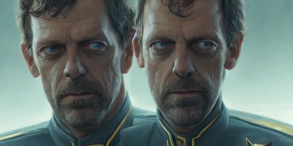 Image similar to portrait of Hugh Laurie wearing his starfleet captains uniform, close face shot, realistic character concept, high fantasy, light atmosphere, golden ratio, cinematic lighting, hyperdetailed, high resolution, insanely detailed and intricate, artstation, Marc Simonetti, Greg Rutkowski