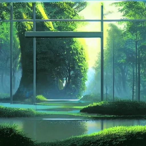 Image similar to portal in a middle of a lush futuristic forest, syd mead, john harris