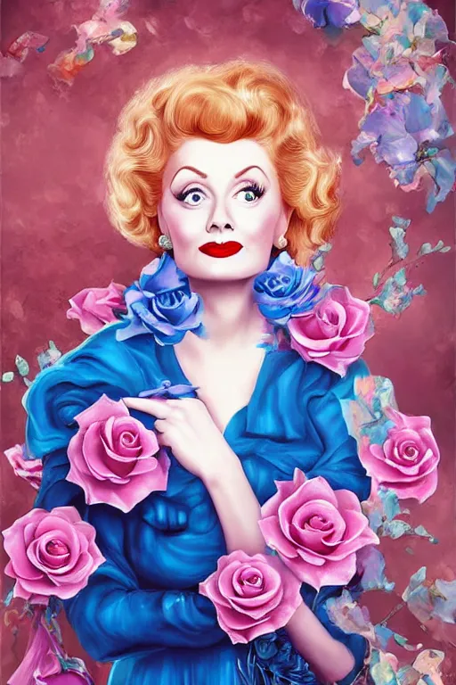 Image similar to beautiful digital painting of Lucille Ball and blue roses and pearls by Georgia O\'Keeffe, Carmelo Blandino, Cyril Rolando, artstation, Behance, 4K,