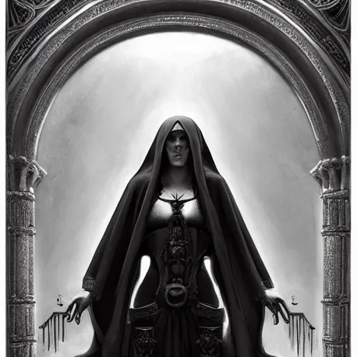 Image similar to By Tom Bagshaw, ultra realist soft painting of a gothic crypt by night, Gothic armored female nun and dressed, horror, omnious sky, symmetry accurate features, very intricate details, black and white, volumetric light clouds