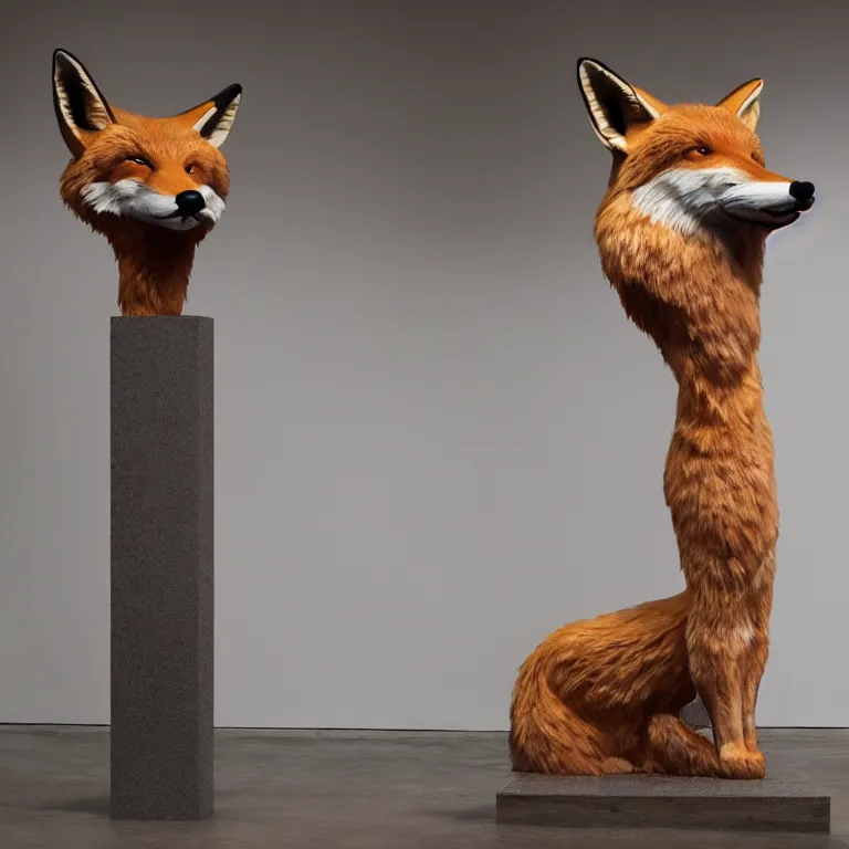 Image similar to hyperrealistic sculpture of a giant fox head on a pedestal by ron mueck and duane hanson and damien hirst, hyperrealistic dramatic lighting trending on artstation 8 k