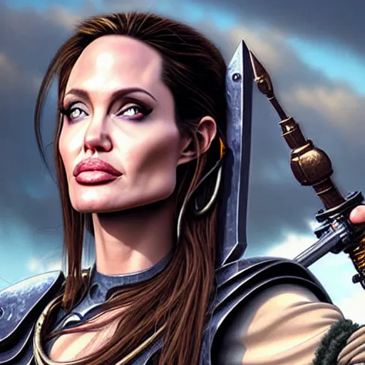 Prompt: promotional beautiful realistic portrait of <Angelina Jolie circa 1000 bc> as <Cyberpunk Shaman> in the new movie directed by <Tetsuya Nomura>, <heavily armored and brandishing sci-fi blaster>, <perfect face>, movie still frame, promotional image, imax 70 mm footage