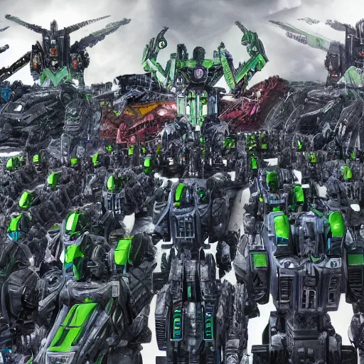 Image similar to sprawling view of an army of decepticons marching on cybertron, trending on artstation