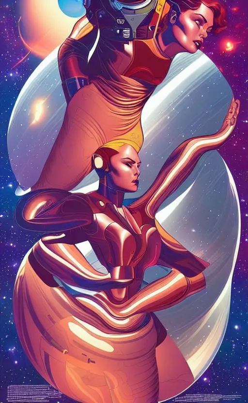 Image similar to a space travel poster, space opera, retro - futuristic poster style by artgerm and arthur adams, amazing composition