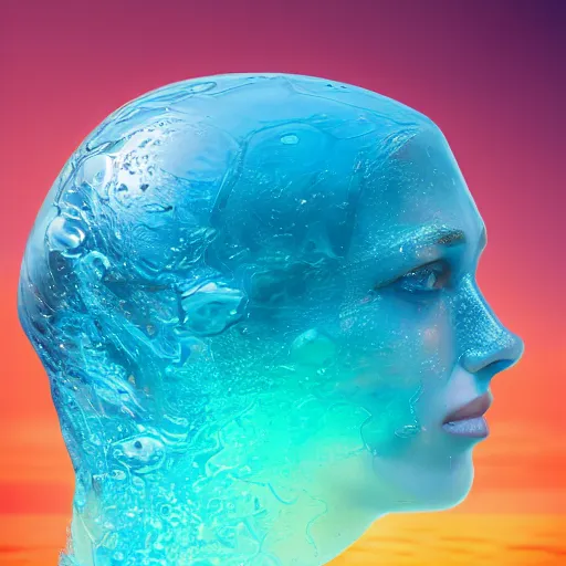 Image similar to water artwork manipulation in the shape of a human head, on the ocean water, futuristic, glowing, gradient, hyper realistic, ray tracing, realistic water, sharp focus, long shot, 8 k resolution, cinematic, photoshop water art