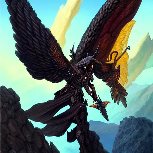 Prompt: painting of a fallen angel paladin with big burnt wings reaching the summit of a haunted mountain, sharp focus, award - winning, trending on artstation, masterpiece, highly detailed, intricate. art by terese nielsen