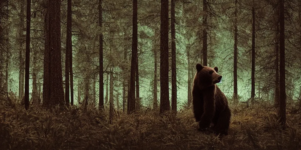 Prompt: a movie still of a bear in a pine forest by night, cinestill 8 0 0 t 3 5 mm, heavy grain, high quality, noir, natural textures, photorealistic, natural textures, ambient occlusion, hd, heavy rain