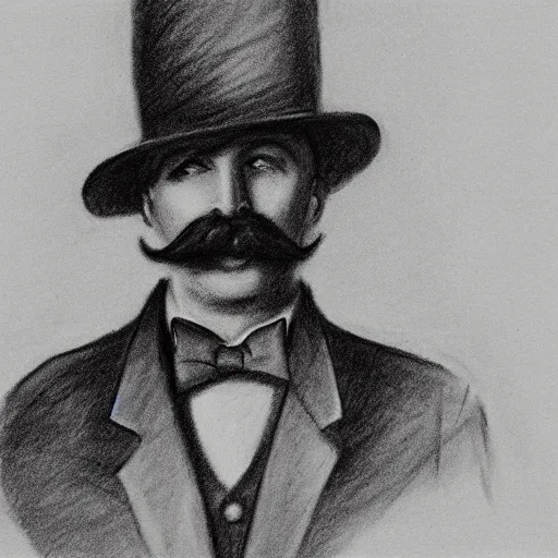 Image similar to charcoal sketch of an early 20th century occult detective from the german empire, mustache, bow tie