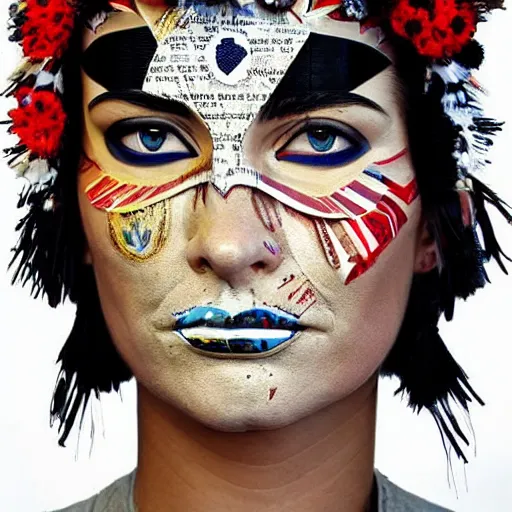 Image similar to a beautiful portrait sculpture designed by Sandra Chevrier, tribal head dress, American stars and stripes on face