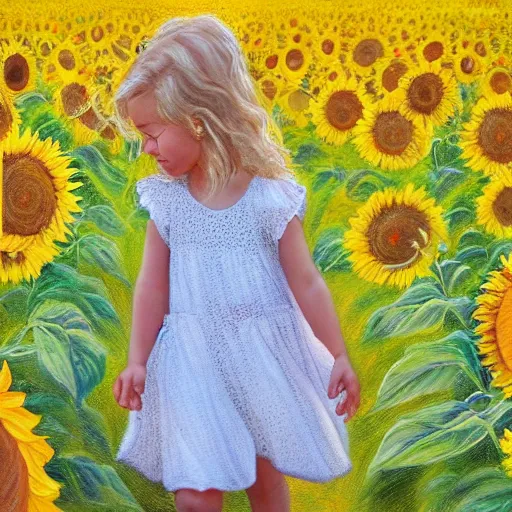 Image similar to a babe 3 years old slowly walking through amazing tall sunflower field, her blond curly hair flowing down, subtle, intricate details, real masterpiece, oil on canvas, by somsak anong