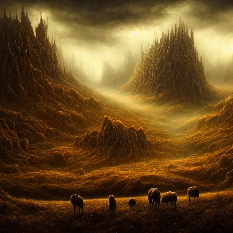 Prompt: epic professional digital art of startling hungry landscape, faint golden moody atmospheric lighting, painted, intricate, detailed, detailed, foreboding, by leesha hannigan, wayne haag, reyna rochin, ignacio fernandez rios, mark ryden, iris van herpen,, epic, stunning, gorgeous, much wow, cinematic, masterpiece.