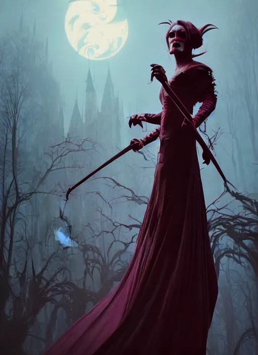 Image similar to beautiful, jim carrey as a vampire, extreme blood, vampire fangs, medieval dress. witch, makeup. unreal engine, greg rutkowski, loish, rhads, beeple, tom bagshaw, alphonse mucha, global illumination, detailed and intricate environment