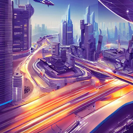Image similar to flying cars traffic on futuristic city year 3000, trending on artstation