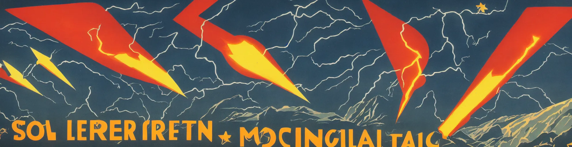 Image similar to solar montain with one lightning bolts in 1940s propaganda poster