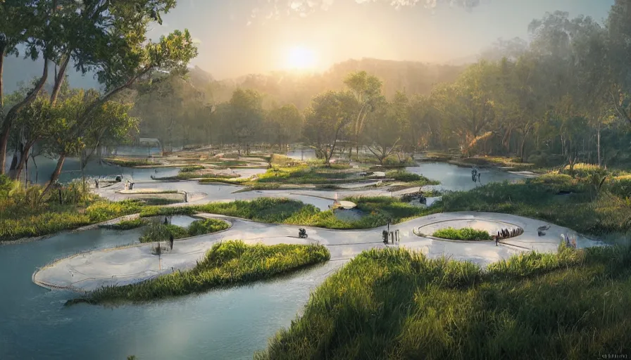 Image similar to concept art of an ecological park with a giant lake and paths around it in california, small white ecological hotels built around it, sunset light, hyperdetailed, artstation, cgsociety, 8 k