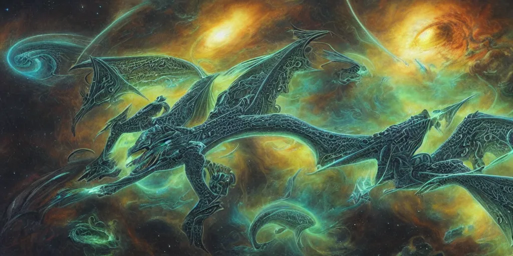 Prompt: bioluminescent alien dragon flying through space by dan seagrave art