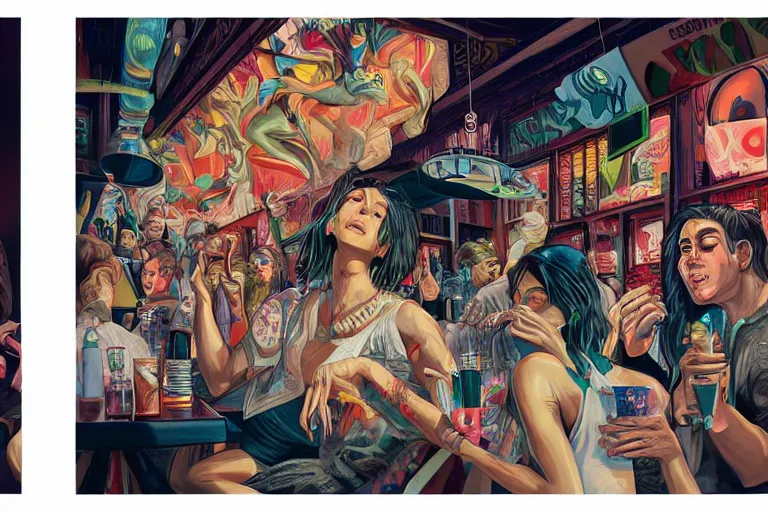 Image similar to Drunks people in bar, Tristan Eaton, victo ngai, artgerm, RHADS, ross draws