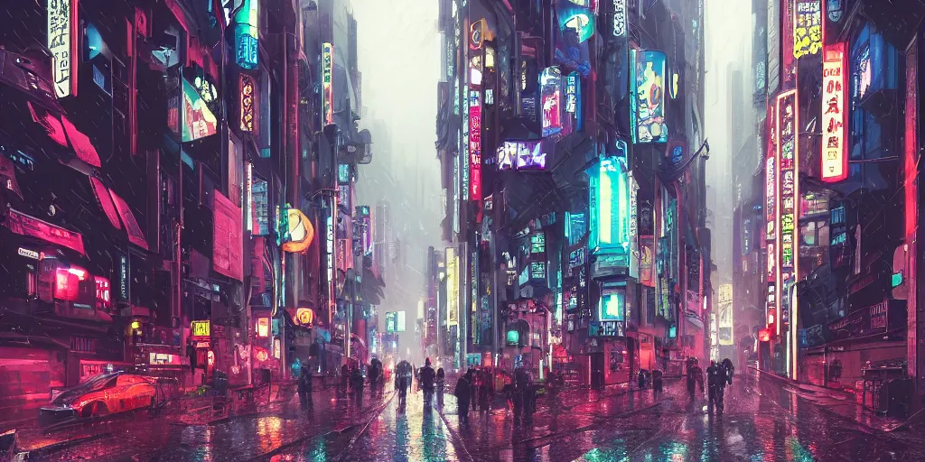Image similar to Cyberpunk street on a rainy day in Japan, low angle view, detailed matte painting, cinematic, Moebius, Artstation