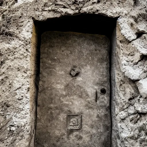 Prompt: a geometrically symmetrical stone in a cave wall next to a steel door