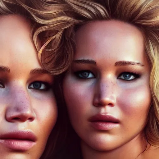 Image similar to beautiful serene intricate portrait of jennifer lawrence and jennifer lawrence, relaxing on the beach, golden hour, close up shot, soft focus, 8 k, art by irakli nadar, hyperrealism, hyperdetailed, ultra realistic