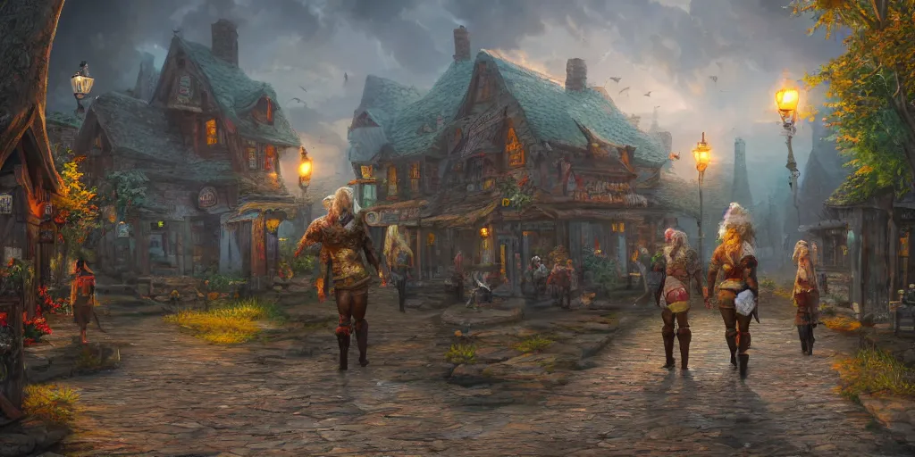 Image similar to many walking taverns with chicken legs in the distance, fantasy art, 8k resolution, maximum detail