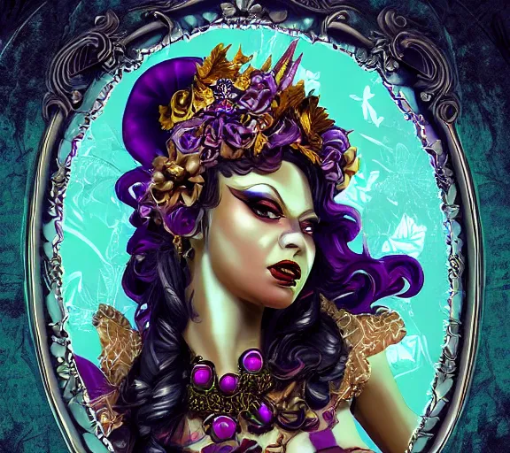 Image similar to beautiful female character inspired by new orleans mardi gras and rococo vampire bounty hunter | | digital artwork made by greg rutswork, anna dittmann and lois van barlee, symmetrical rim light, anatomically correct