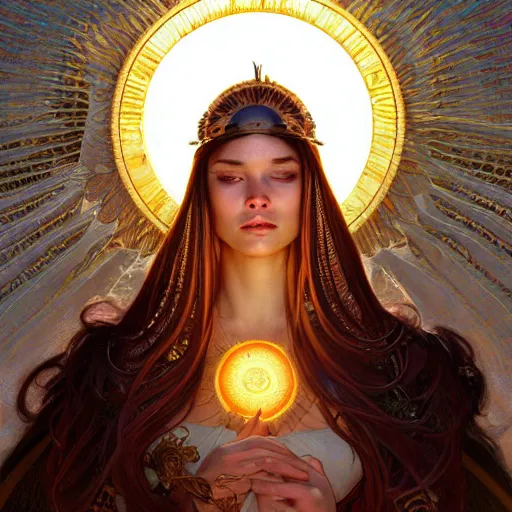 Image similar to perfectly-centered-Portrait of a sun Goddess, intricate, highly detailed, digital painting, artstation, concept art, smooth, sharp focus, illustration, Unreal Engine 5, 8K, art by artgerm and greg rutkowski and alphonse mucha