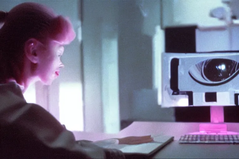 Prompt: alien using a computer to check her email submerged in translucent goo, over the shoulder perspective, in 1 9 8 5, y 2 k cybercore pinkcore, industrial low - light photography, still from a kiyoshi kurosawa movie