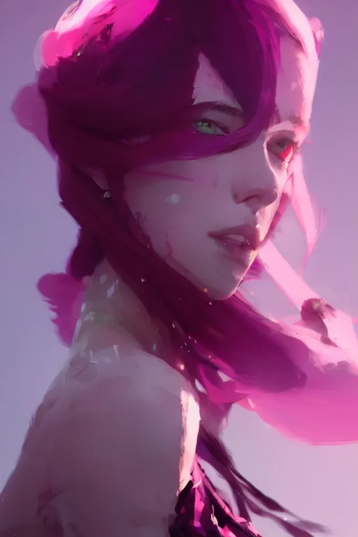 Image similar to A beautiful woman with professional makeup, with shoulder length mid-length magenta hair, volumetric lighting, dramatic atmosphere, by Dustin Nguyen, Akihiko Yoshida, Greg Tocchini, Greg Rutkowski, Cliff Chiang, 4k resolution, trending on artstation