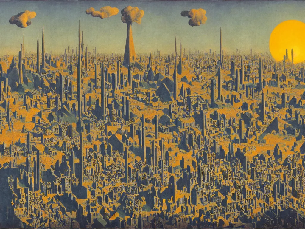 Image similar to Sponged city, sunset with flares, Socotra, baobab metropolis, Balinese dragons, desolation of the leaf Painting by Rene Magritte, Moebius, Jean Delville, Max Ernst, Maria Sybilla Merian