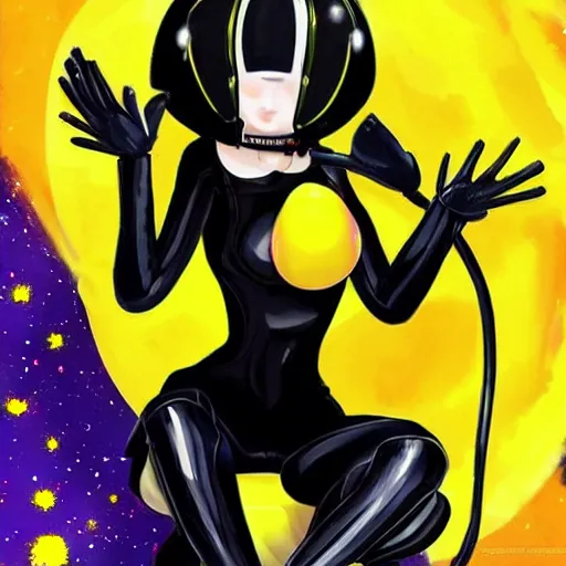 Image similar to ! dream black suit catgirl yellow motorcycle helmet, floating through galaxy colorful swirling stars, celty sturluson