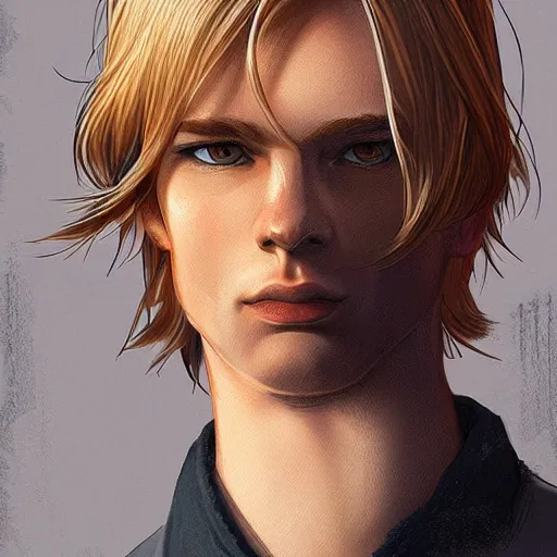 Image similar to a young blond man with long hair wearing a brown shirt, clean shaved, a character portrait by lydia field emmet, trending on cg society, photorealism, wiccan, handsome, ilya kuvshinov