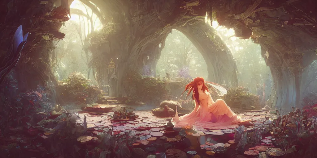 Image similar to a room in a fairy castle, stephen bliss, unreal engine, fantasy art by greg rutkowski, loish, rhads, ferdinand knab, makoto shinkai and lois van baarle, ilya kuvshinov, rossdraws, tom bagshaw, alphonse mucha, global illumination, radiant light, detailed and intricate environment