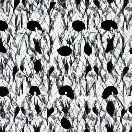 Image similar to a graphical pattern of white wolves into black geese by maurits cornelius escher, aerial view, scared black geese, angry white wolves, hexagonal pattern, intricate details, geese, wolves, screen print, frameless