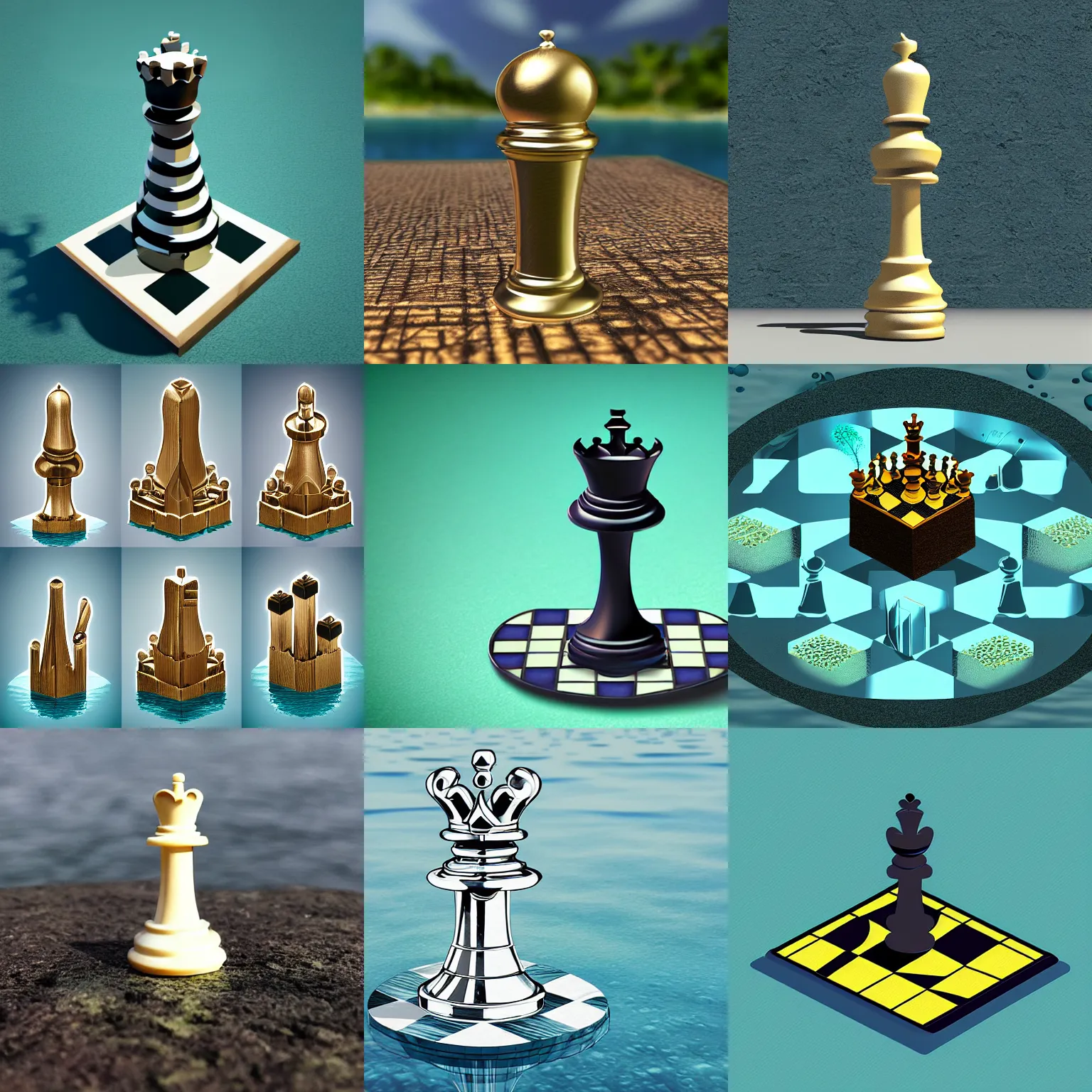 Prompt: sleek, mechanical, queen chess piece, chessboard made of ocean, digital forest, high quality architectural art, isometric