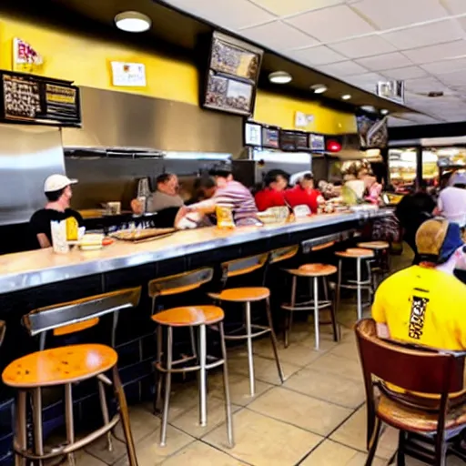 Image similar to busy wafflehouse interior with customers eating breakfast and wafflehouse employees serving food and cooking behind countertop bar that has customers sitting at