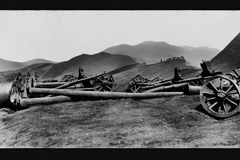 Prompt: ww 1 artillery pieces entrenched with a beautiful background of hills and mountains, black and white photography, 1 9 0 5