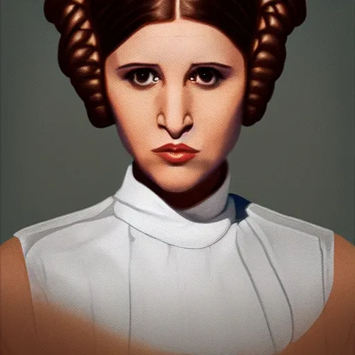 Prompt: portrait of princess leia doing a duckface, in a light white dress, digital art, golden hour, smooth, extremely detailed