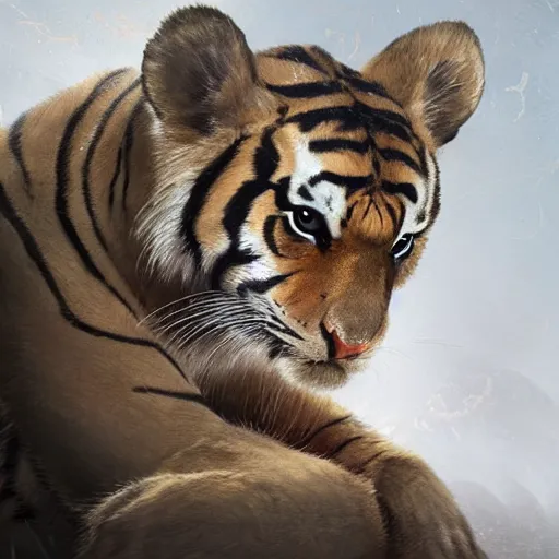 Image similar to a aesthetic award winning commission portrait of a cute baby anthro tiger wearing military uniform,digital art,art by greg rutkowski,art germ,charles bowater,trevor henderson,detailed beautfiul face,photorealistoc,hyperdetailed,dramatic,artstation,deviantart,professional lighting,beautiful face,cub,wholesome