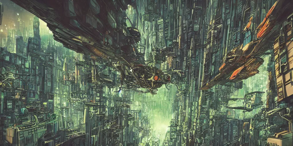 Image similar to future city covered by forest creature, flying, culture, smooth, crash, war, battle, cyberpunk, monster, gravity mess, by studio ghibli