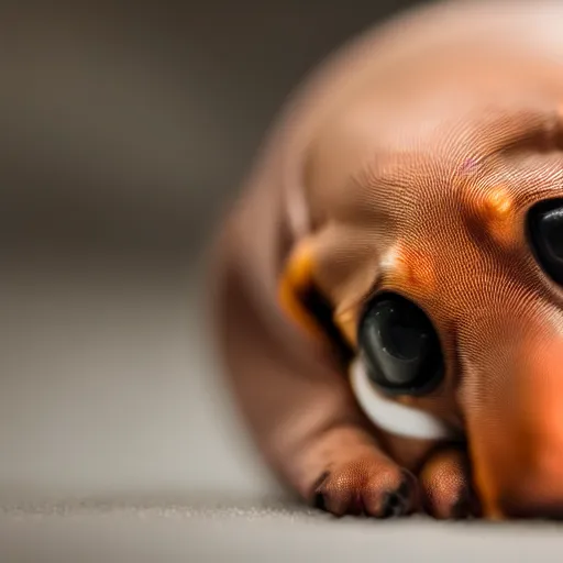 Image similar to egg cracking open with a baby dachshund inside, macrophotography,