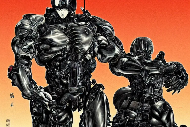 Prompt: cyborg military soldier in nanosuit with epic biological muscle augmentation, at dusk, a color illustration by tsutomu nihei, makoto kobayashi and shoji kawamori