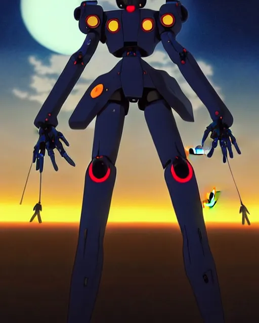 Image similar to anime illustration of black evangelion eva robot standing on an empty highway holding a steampunk guitar at night, cinematic lighting, evangelion anime poster, rebuild of evangelion 1 0 8 0 p, 9 0 s anime aesthetic, volumetric lights, rule of thirds, unreal engine render, pinterest wallpaper, trending on artstation
