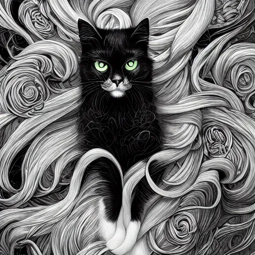 Prompt: a painting of a long haired black and white cat in a scenic environment by anna dittmann, hyperdetailed, beautiful, vibrant colors, trending on artstation