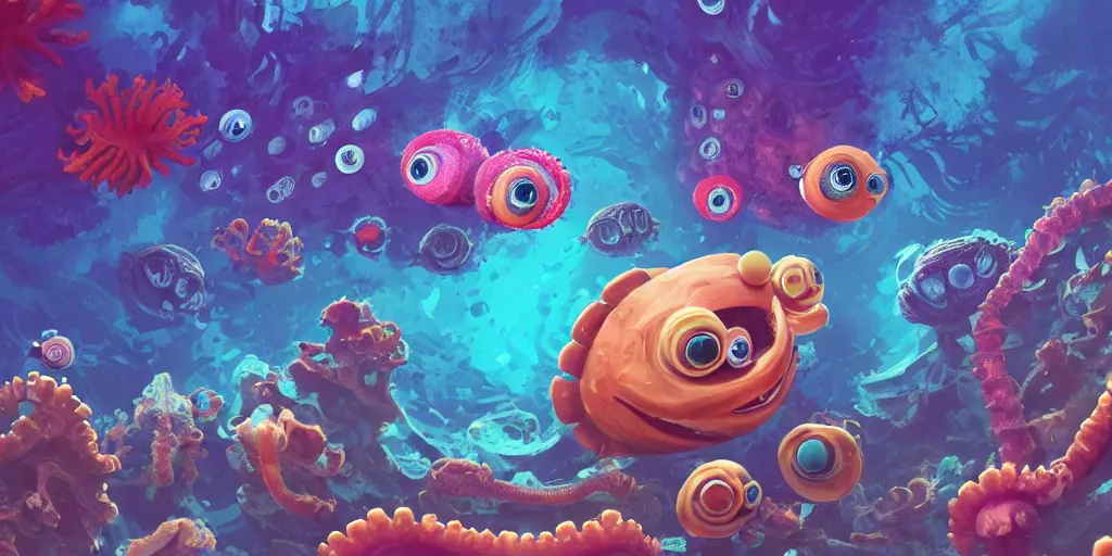 Image similar to of a colorful cloudy deep sea under water with strange cute friendly happy creatures with huge eyes, mouth, long tongue and round teeth appearing from sandy coral, in the style of gehry and gaudi, macro lens, shallow depth of field, highly detailed, digital painting, trending artstation, concept art, illustration, cinematic lighting, photorealism, epic, octane render